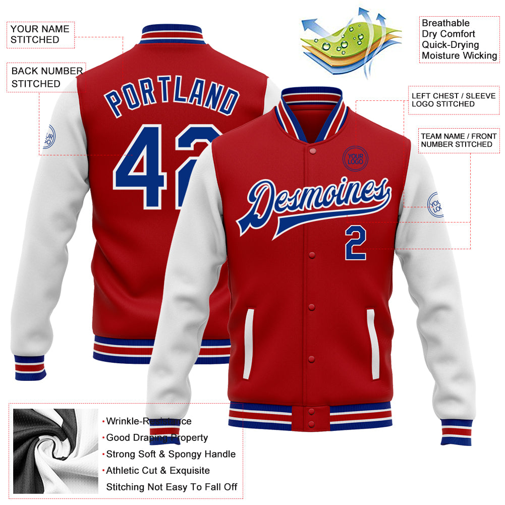 Custom Red Royal-White Bomber Full-Snap Varsity Letterman Two Tone Jacket