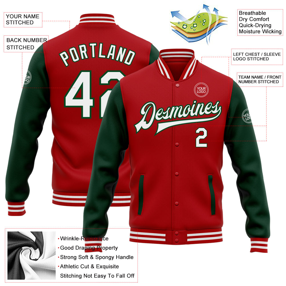 Custom Red White-Green Bomber Full-Snap Varsity Letterman Two Tone Jacket