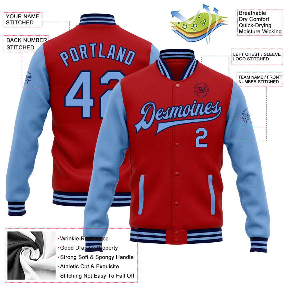 Custom Red Light Blue-Navy Bomber Full-Snap Varsity Letterman Two Tone Jacket