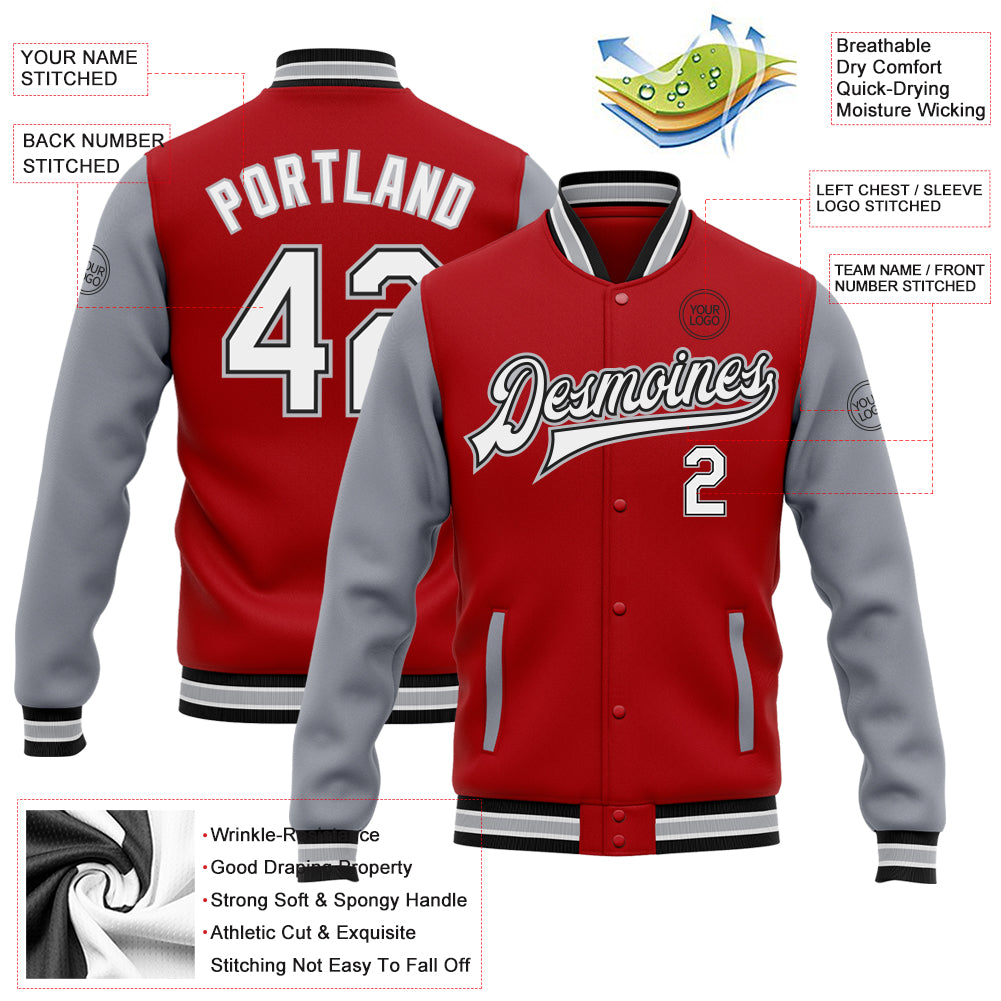 Custom Red White Black-Gray Bomber Full-Snap Varsity Letterman Two Tone Jacket