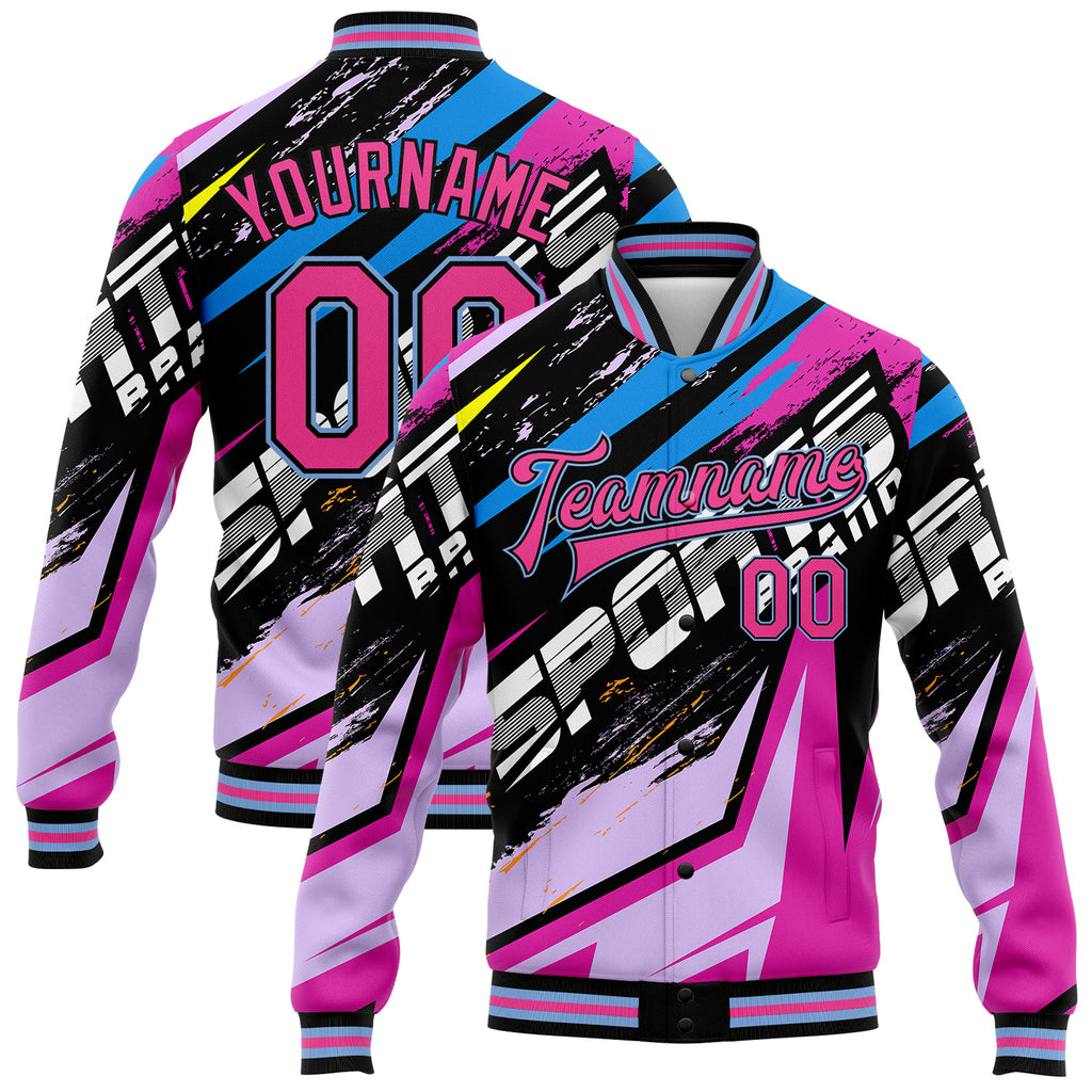 Custom Graffiti Pattern Pink Black-Light Blue Sports 3D Bomber Full-Snap Varsity Letterman Jacket