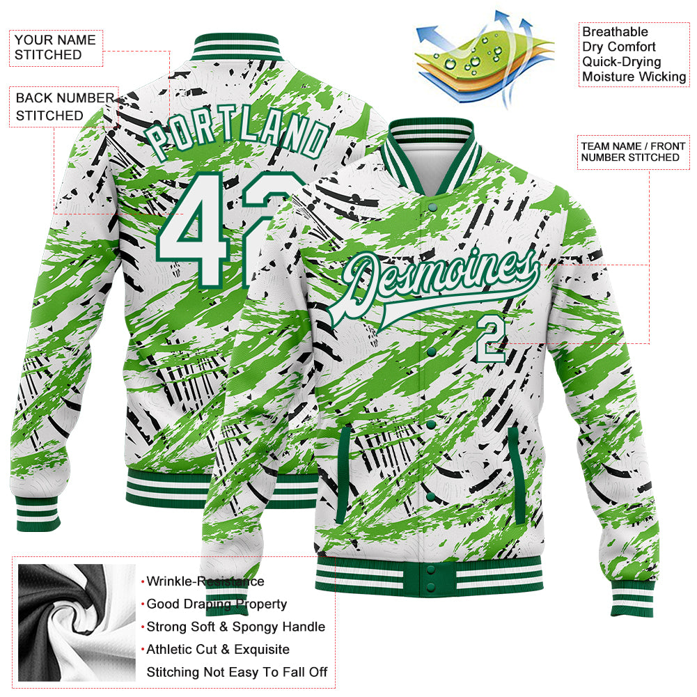 Custom Graffiti Pattern White-Kelly Green Grunge Art 3D Bomber Full-Snap Varsity Letterman Jacket