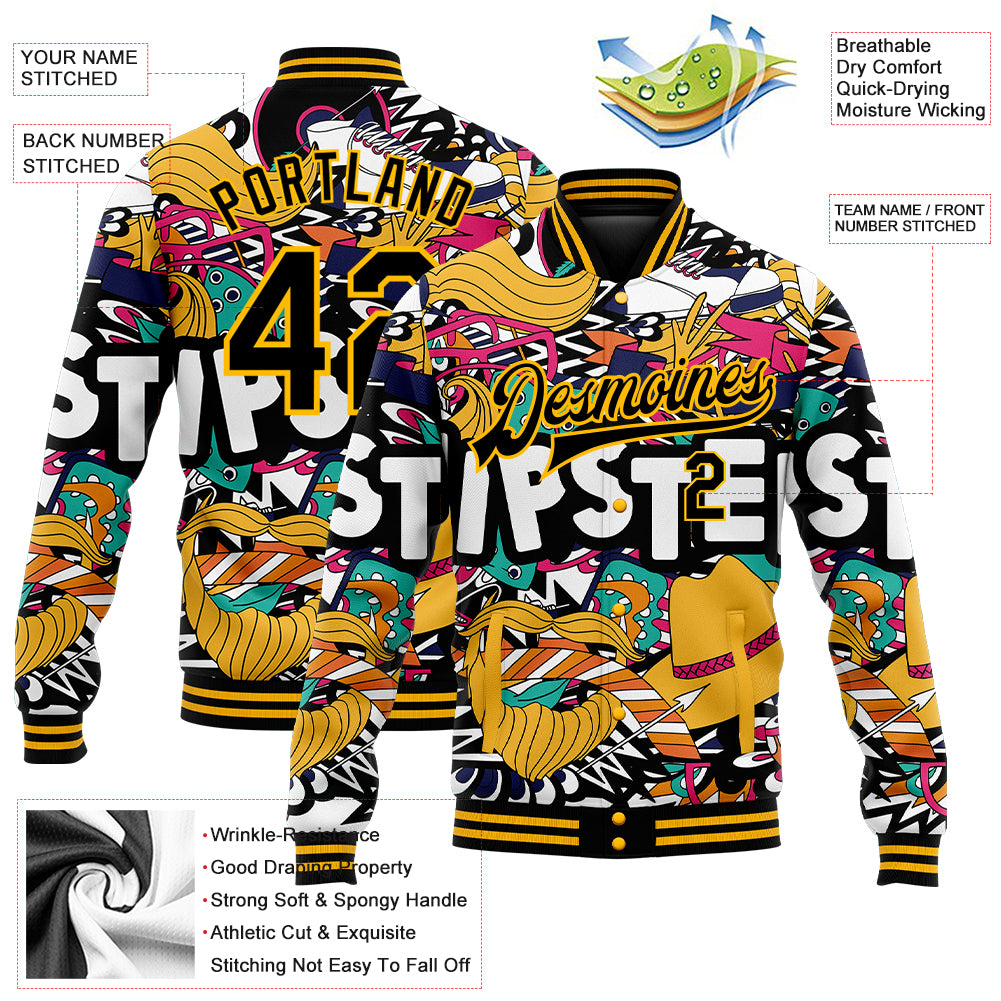 Custom Graffiti Pattern Black-Gold Hipster Lifestyle 3D Bomber Full-Snap Varsity Letterman Jacket