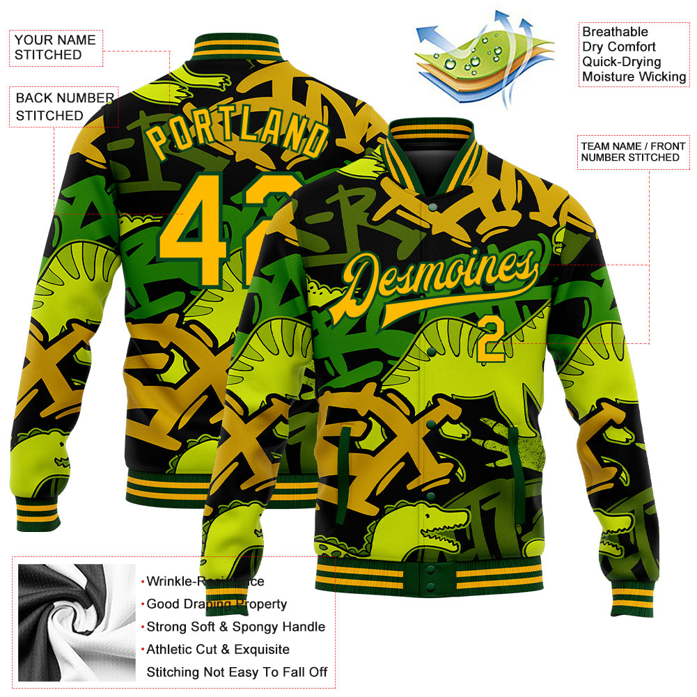 Custom Graffiti Pattern Gold-Green Grunge Art With Dinosaur And Words 3D Bomber Full-Snap Varsity Letterman Jacket