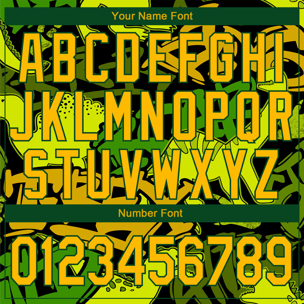 Custom Graffiti Pattern Gold-Green Grunge Art With Dinosaur And Words 3D Bomber Full-Snap Varsity Letterman Jacket
