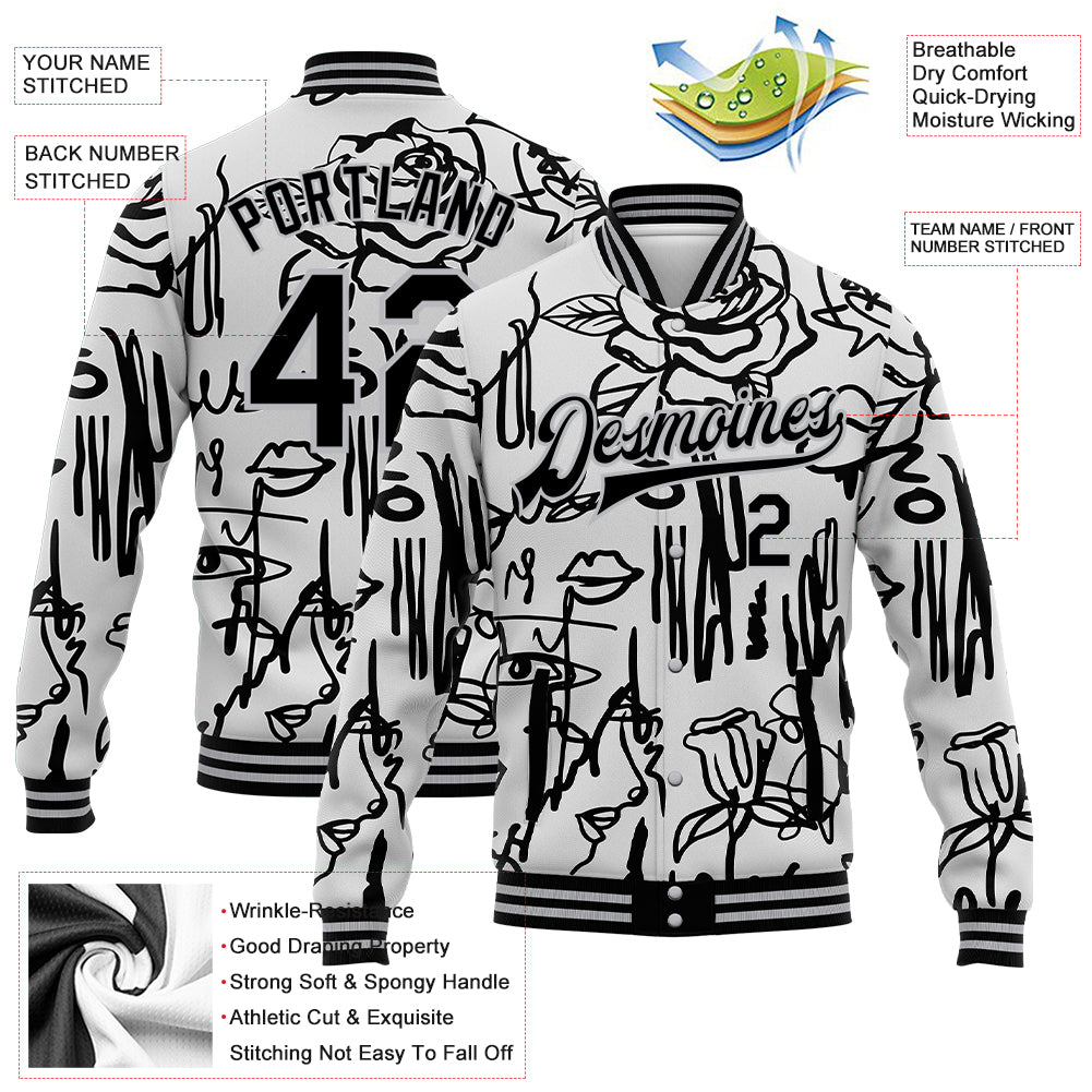 Custom Graffiti Pattern Black-Gray Grunge Art With Female Faces Lips 3D Bomber Full-Snap Varsity Letterman Jacket