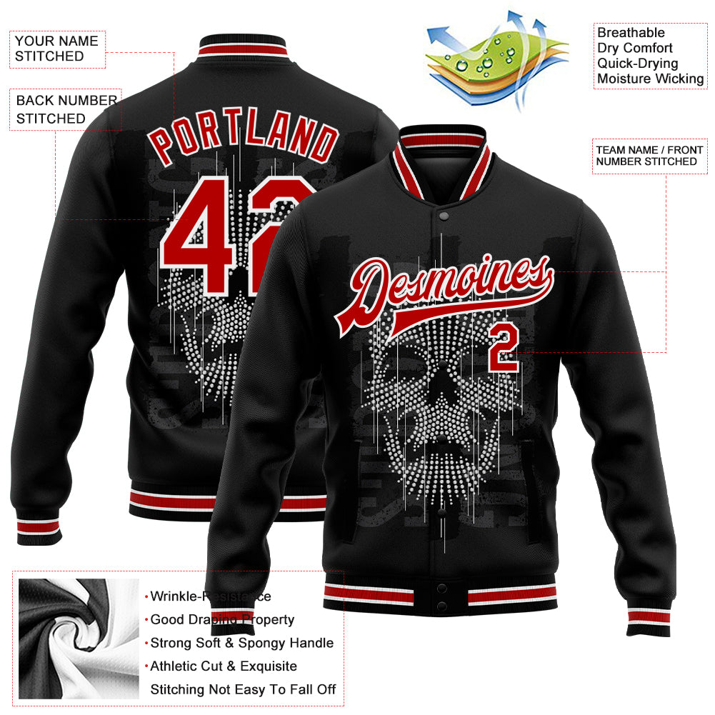 Custom Black Red-White Skull Fashion 3D Bomber Full-Snap Varsity Letterman Jacket