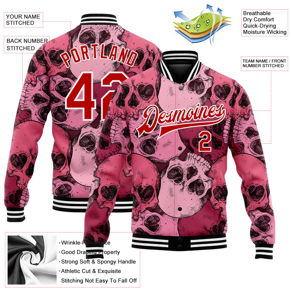 Custom Pink Red-White Skull With Heart Shaped Eyes 3D Bomber Full-Snap Varsity Letterman Jacket