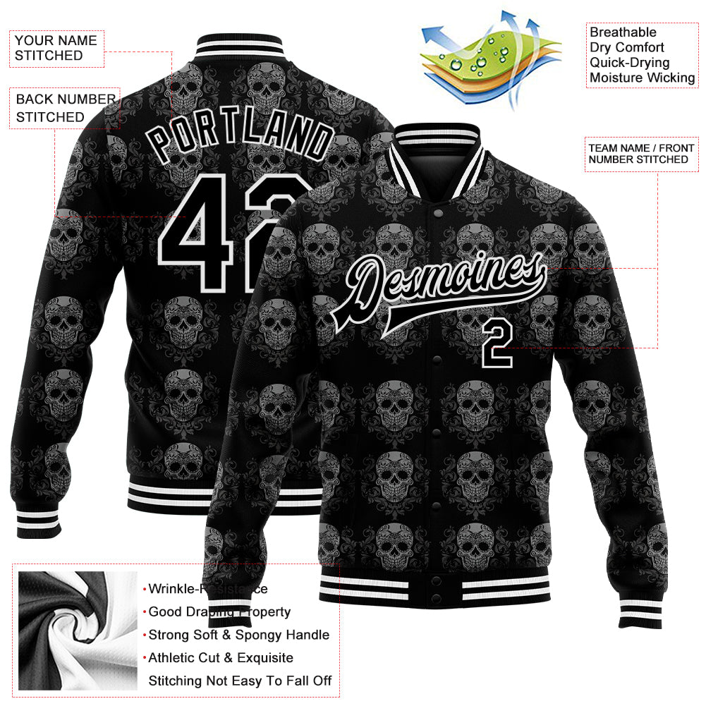 Custom Black White Skull Fashion 3D Bomber Full-Snap Varsity Letterman Jacket