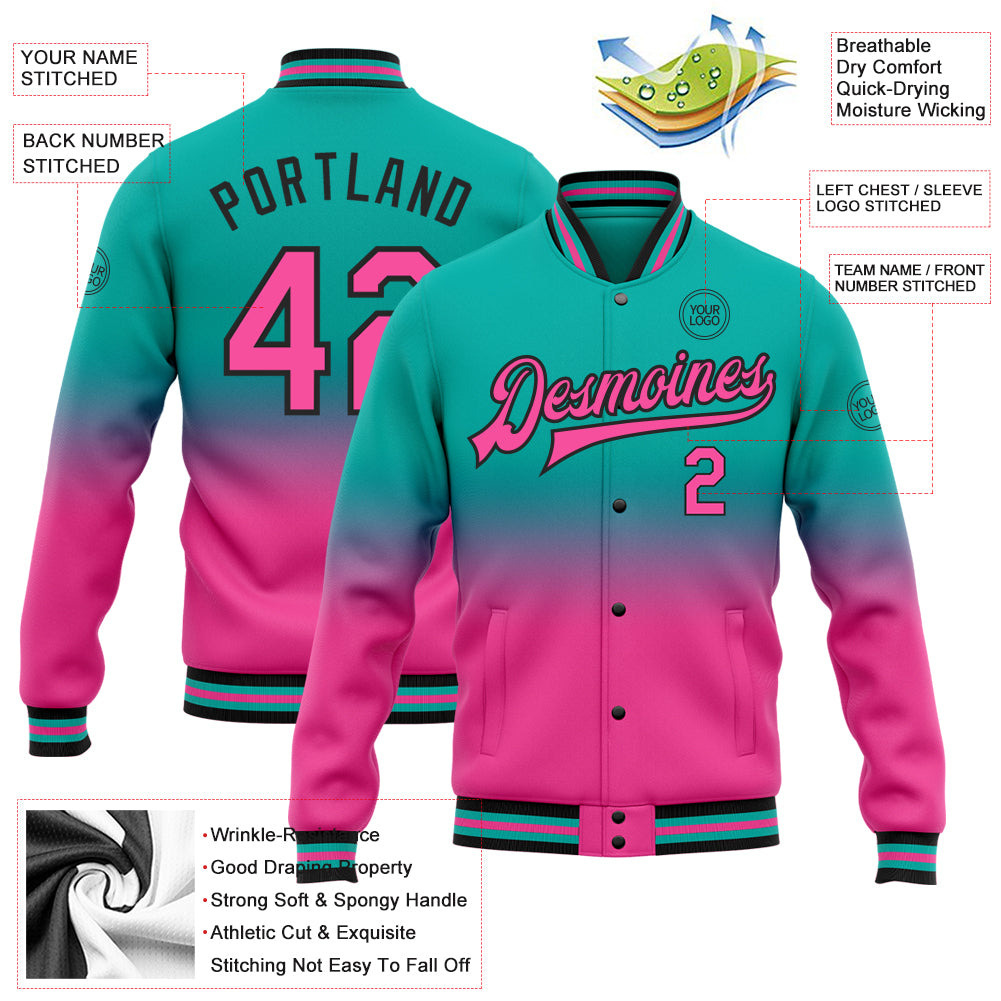 Custom aqua pink-black bomber full-snap varsity letterman jacket with fade fashion design and free shipping3
