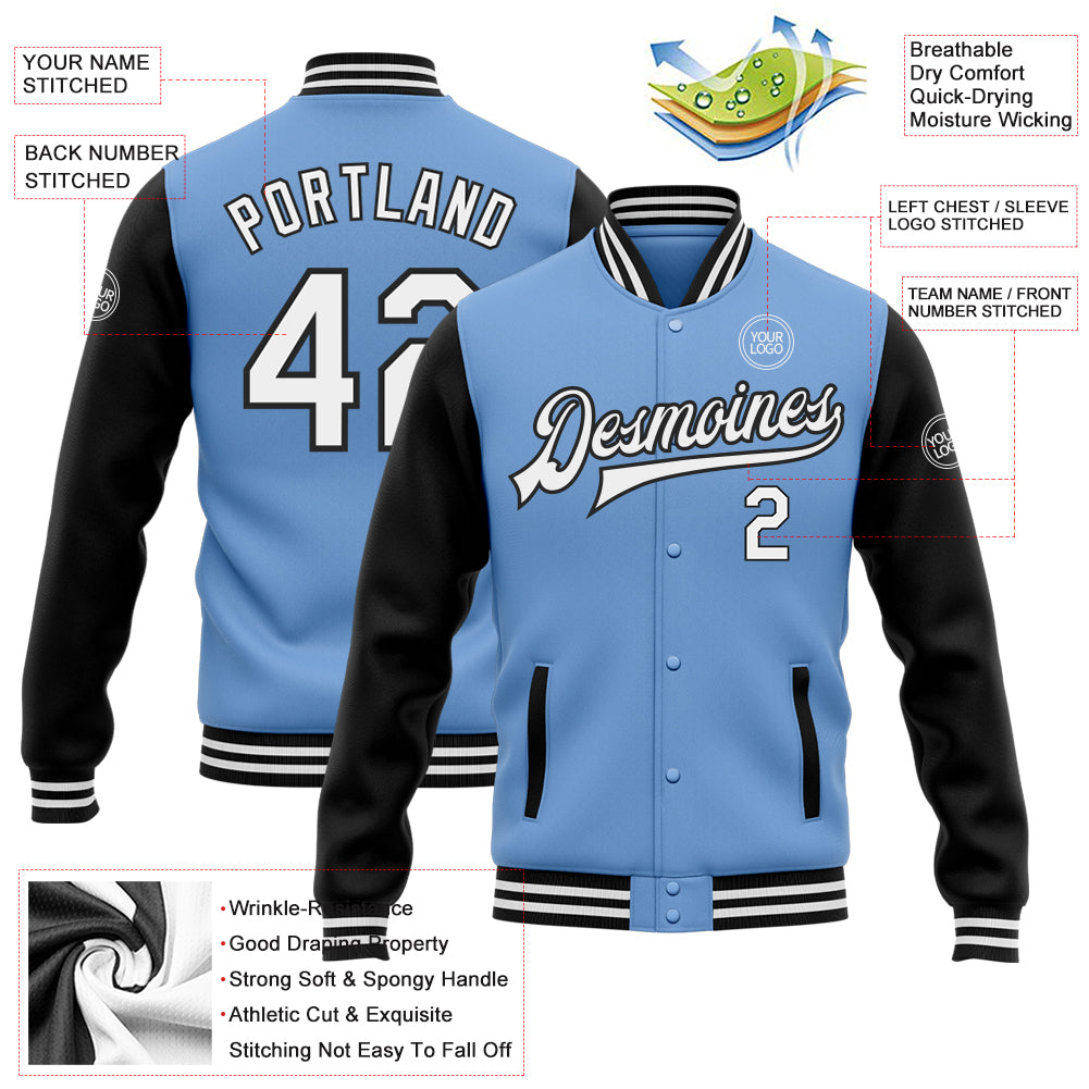 Custom Light Blue White-Black Bomber Full-Snap Varsity Letterman Two Tone Jacket