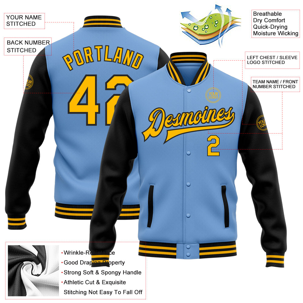 Custom Light Blue Gold-Black Bomber Full-Snap Varsity Letterman Two Tone Jacket