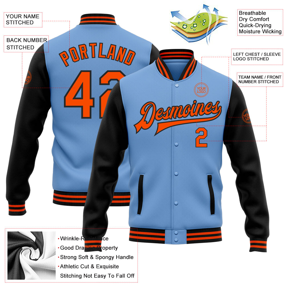 Custom Light Blue Orange-Black Bomber Full-Snap Varsity Letterman Two Tone Jacket