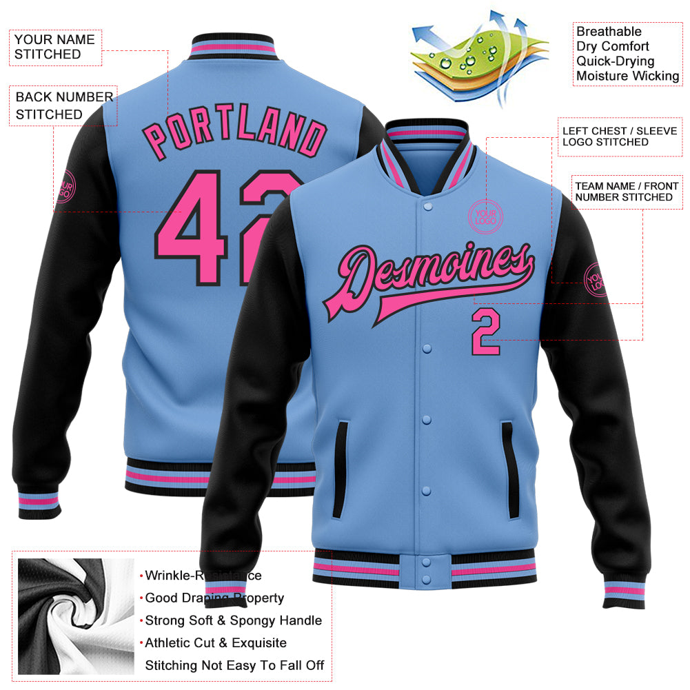 Custom Light Blue Pink-Black Bomber Full-Snap Varsity Letterman Two Tone Jacket