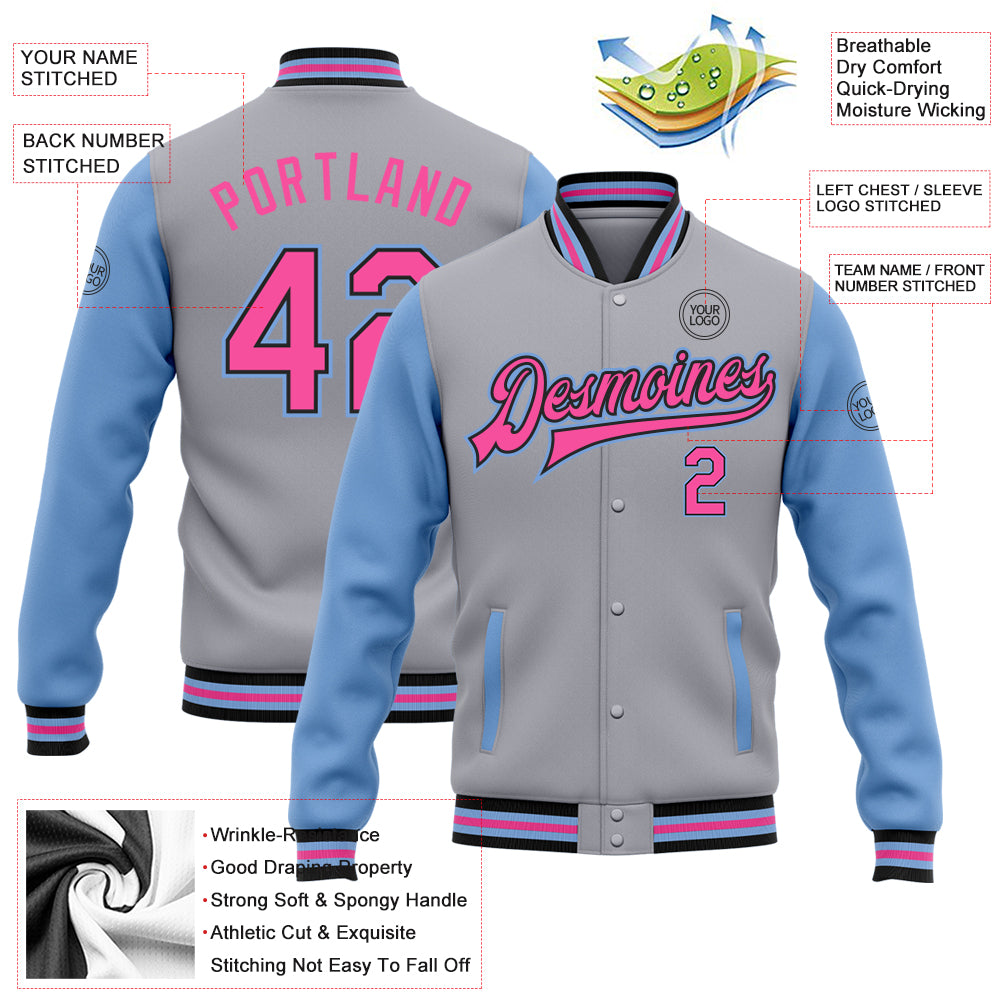 Custom Gray Pink Black-Light Blue Bomber Full-Snap Varsity Letterman Two Tone Jacket