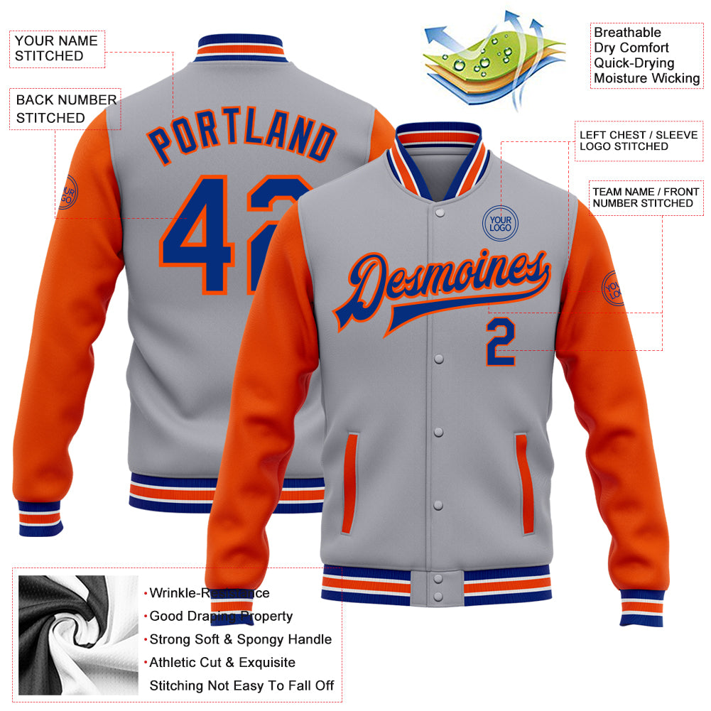 Custom Gray Royal-Orange Bomber Full-Snap Varsity Letterman Two Tone Jacket