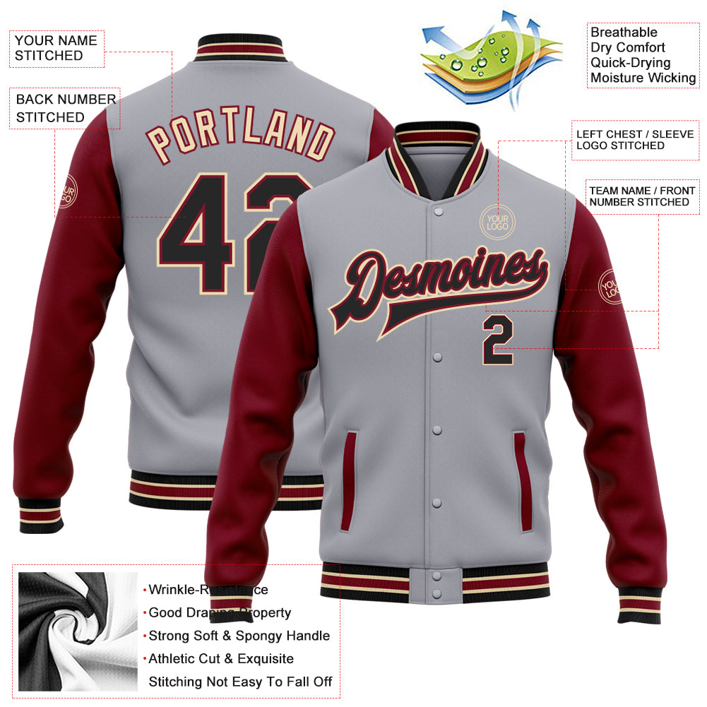 Custom Gray Black Crimson-City Cream Bomber Full-Snap Varsity Letterman Two Tone Jacket