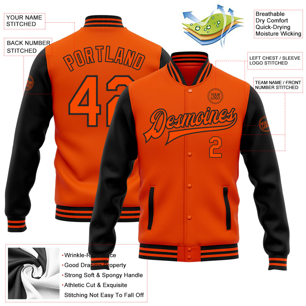 Custom Orange Black Bomber Full-Snap Varsity Letterman Two Tone Jacket