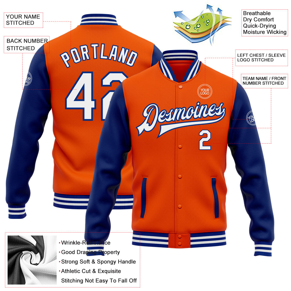 Custom Orange White-Royal Bomber Full-Snap Varsity Letterman Two Tone Jacket