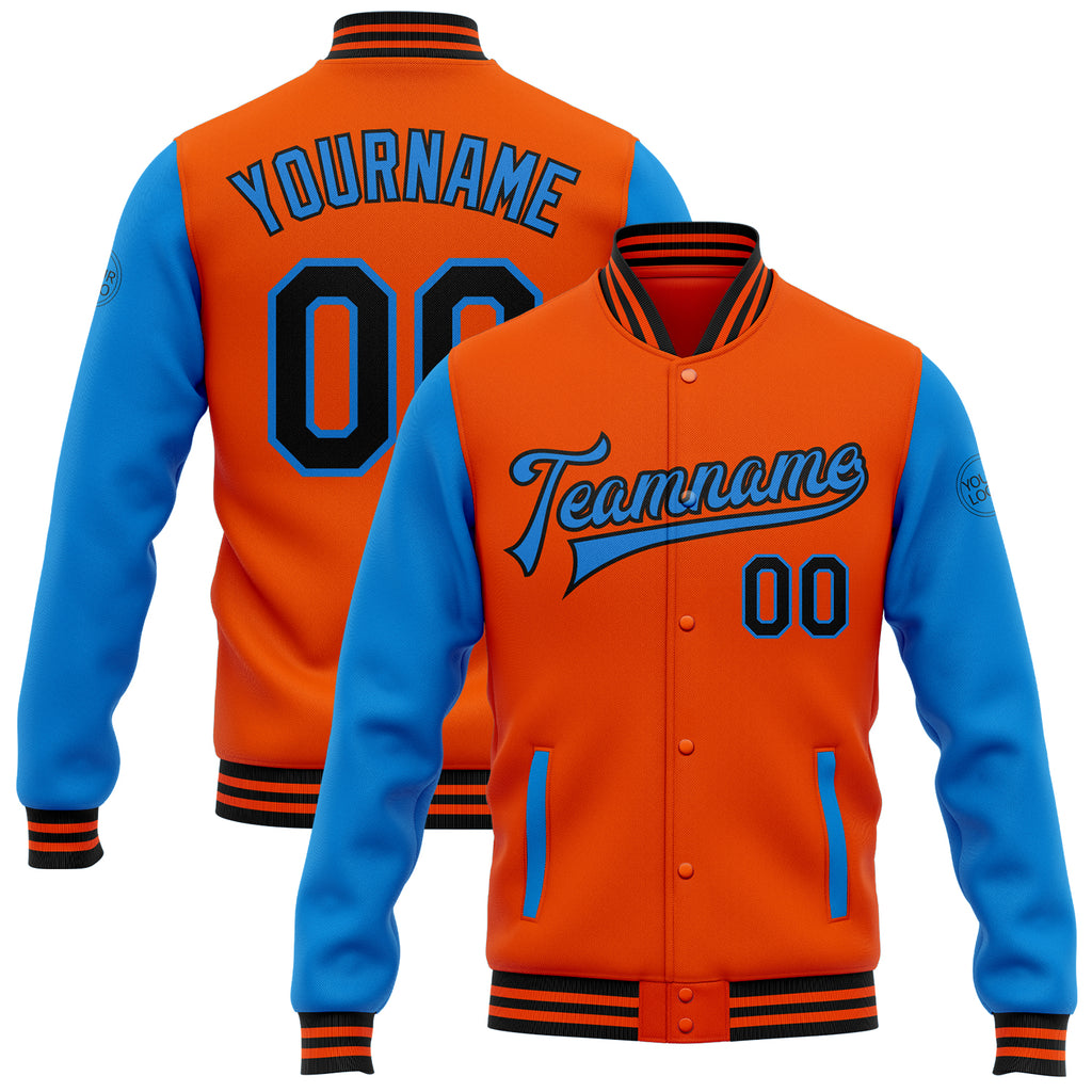 Custom Orange Black-Electric Blue Bomber Full-Snap Varsity Letterman Two Tone Jacket
