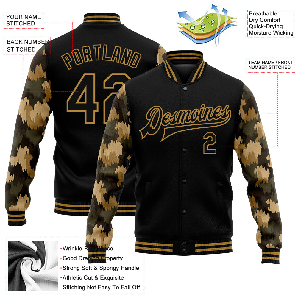 Custom Black Old Gold Camo Sleeves 3D Pattern Design Bomber Full-Snap Varsity Letterman Jacket