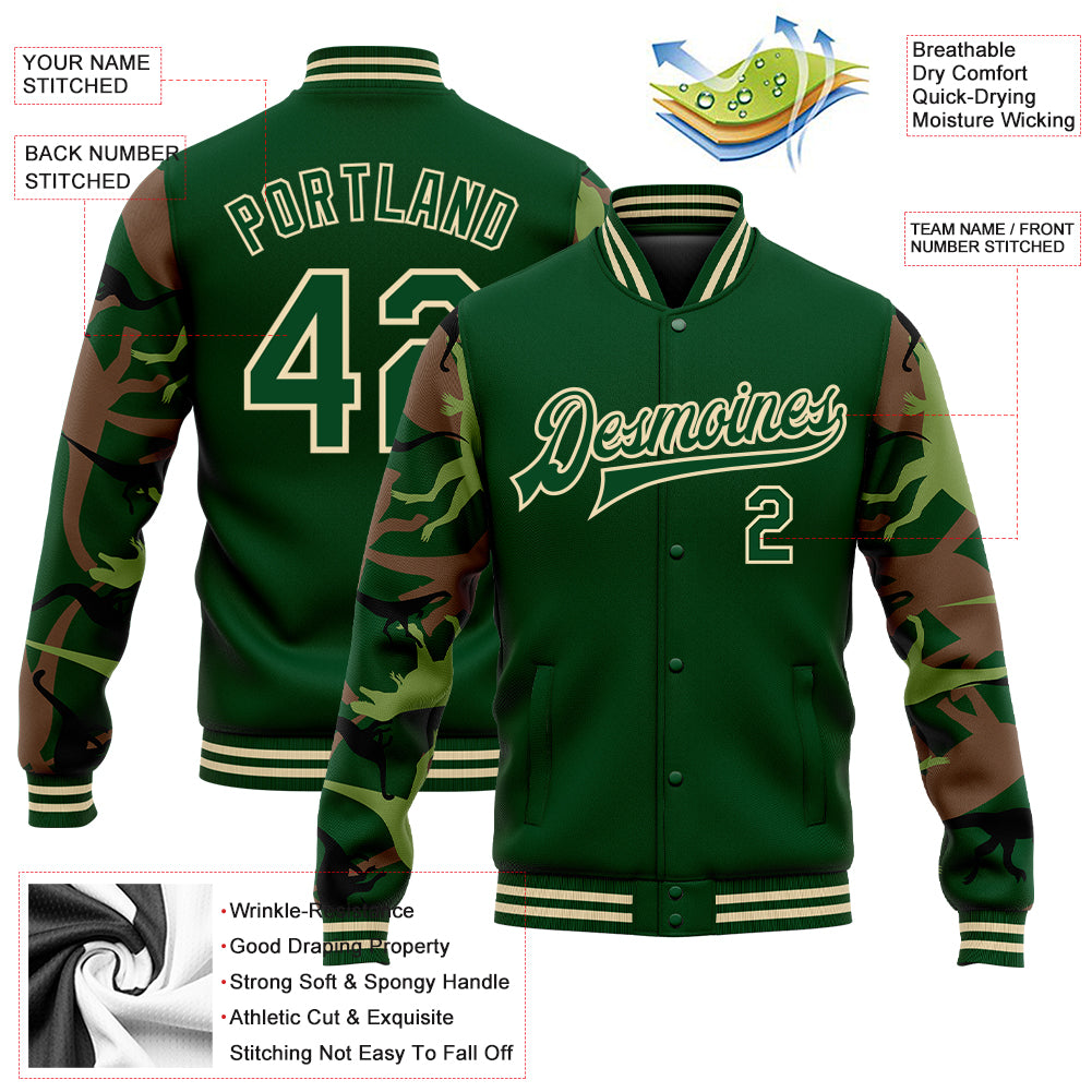 Custom Green Cream Dinosaur Camo Sleeves 3D Pattern Design Bomber Full-Snap Varsity Letterman Jacket