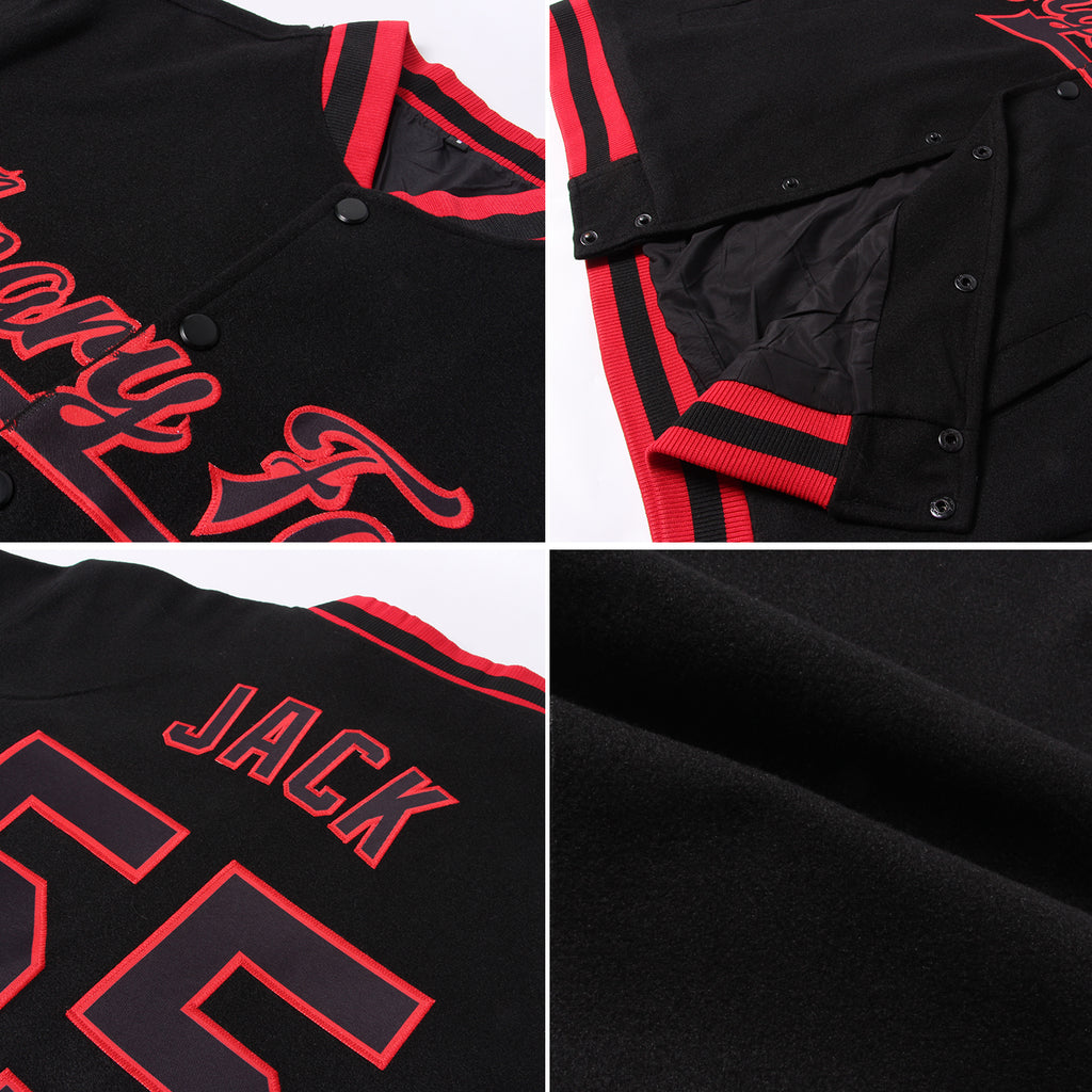 Custom Black Crimson-City Cream Crow Sleeves 3D Pattern Design Bomber Full-Snap Varsity Letterman Jacket