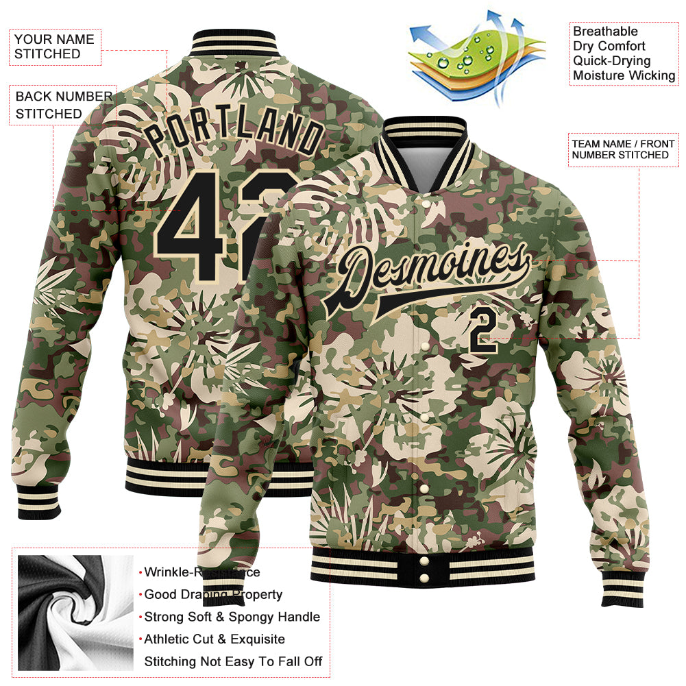 Custom Camo Black-Cream Hawaii Palm Leaves 3D Pattern Design Bomber Full-Snap Varsity Letterman Salute To Service Jacket