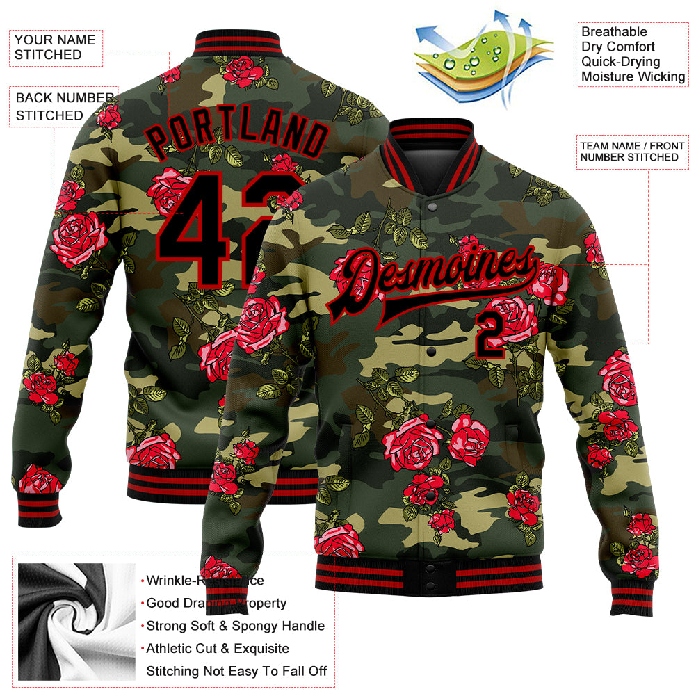 Custom Camo Red-Black Rose 3D Pattern Design Bomber Full-Snap Varsity Letterman Salute To Service Jacket