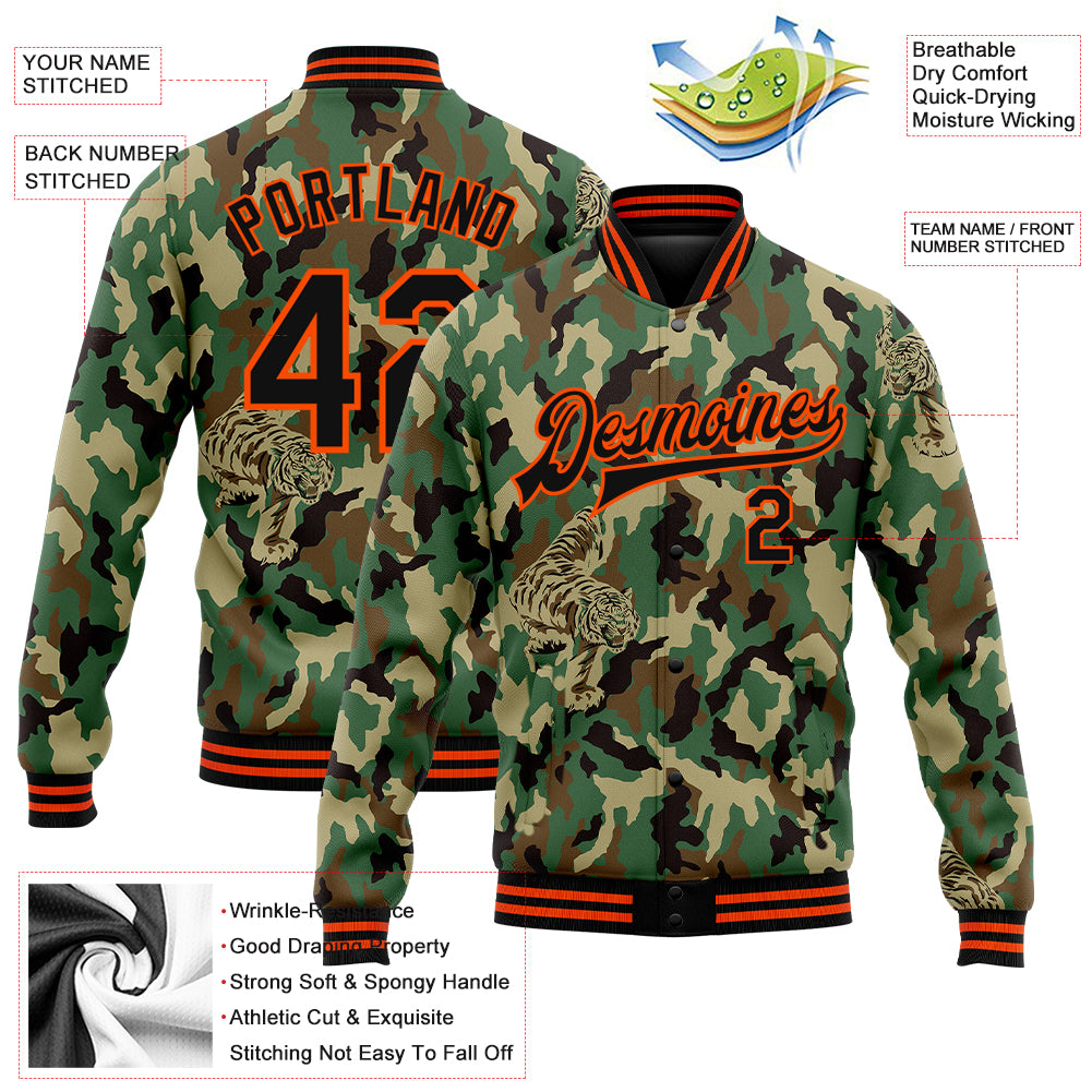 Custom Camo Black-Orange Tiger 3D Pattern Design Bomber Full-Snap Varsity Letterman Salute To Service Jacket