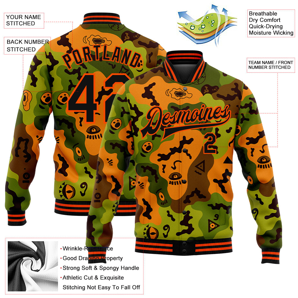 Custom Camo Black-Orange Funny Faces 3D Pattern Design Bomber Full-Snap Varsity Letterman Salute To Service Jacket