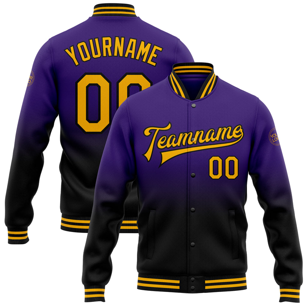 Custom Purple Gold-Black Bomber Full-Snap Varsity Letterman Fade Fashion Jacket
