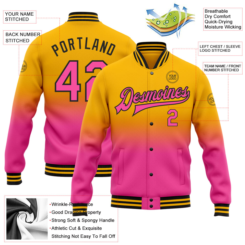 Custom Gold Pink-Black Bomber Full-Snap Varsity Letterman Fade Fashion Jacket