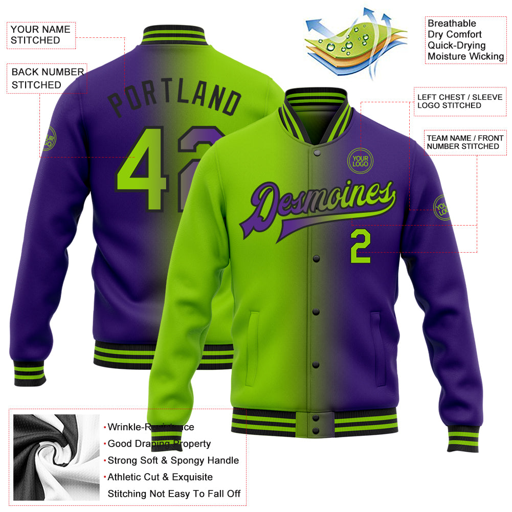 Custom Purple Neon Green-Black Bomber Full-Snap Varsity Letterman Gradient Fashion Jacket
