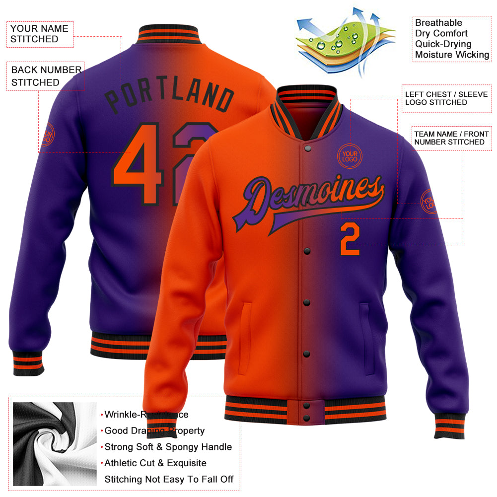 Custom Purple Orange-Black Bomber Full-Snap Varsity Letterman Gradient Fashion Jacket