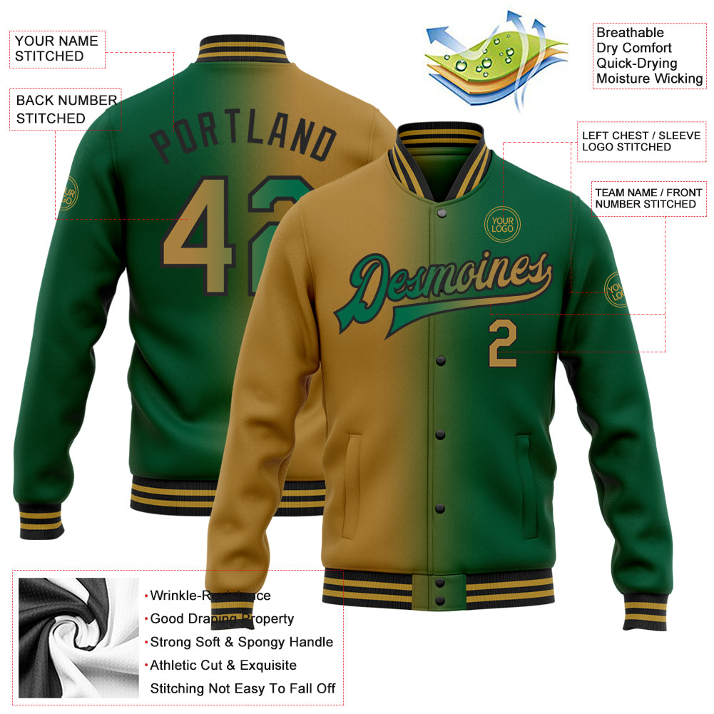Custom Kelly Green Old Gold-Black Bomber Full-Snap Varsity Letterman Gradient Fashion Jacket