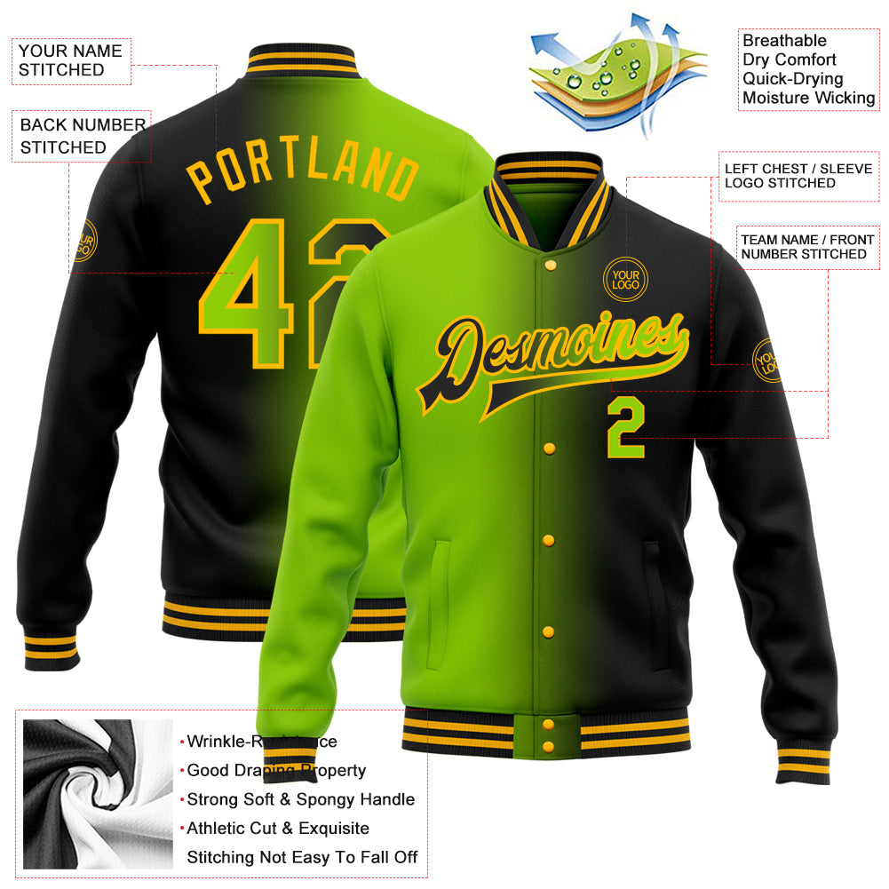 Custom Black Neon Green-Gold Bomber Full-Snap Varsity Letterman Gradient Fashion Jacket