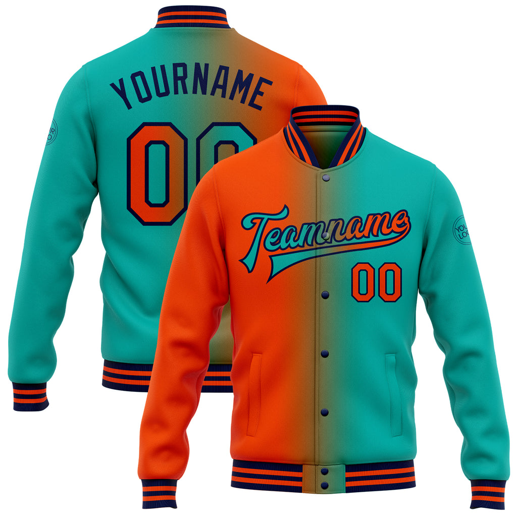 Custom Aqua Orange-Navy Bomber Full-Snap Varsity Letterman Gradient Fashion Jacket with Free Shipping2