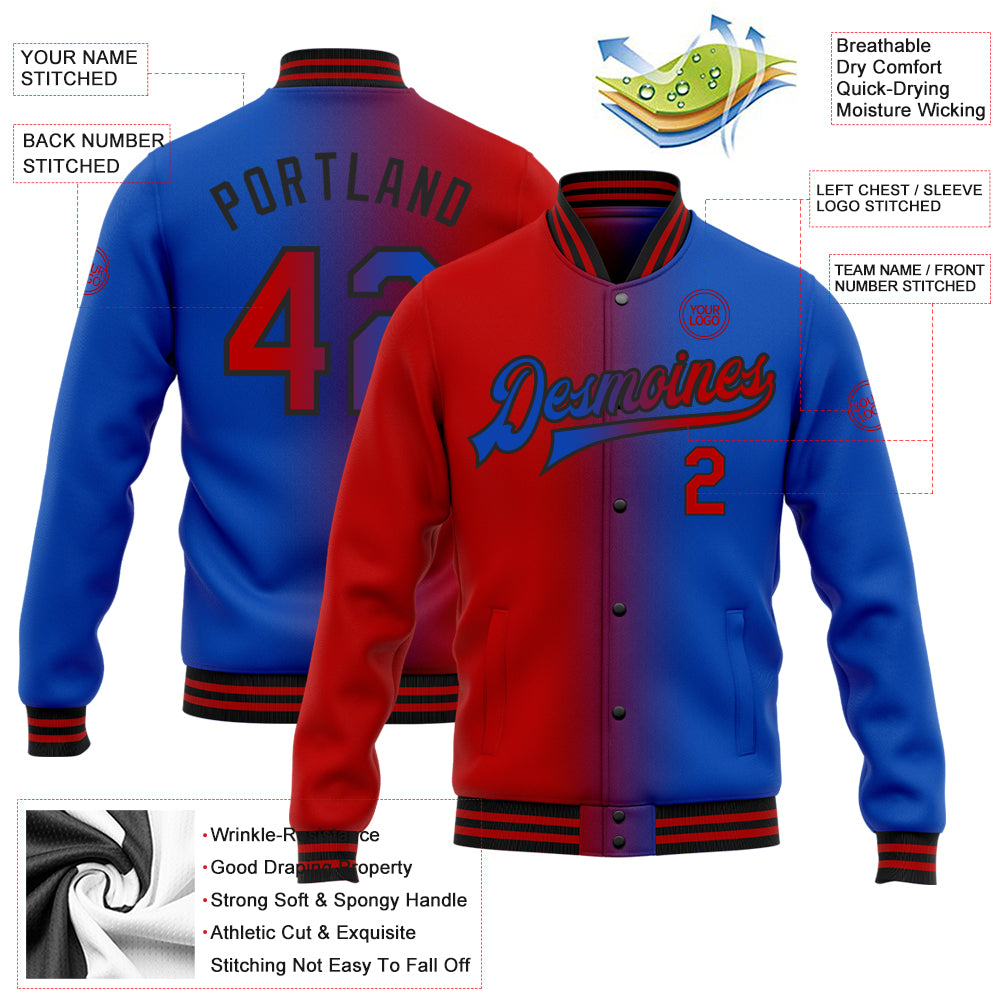 Custom Thunder Blue Red-Black Bomber Full-Snap Varsity Letterman Gradient Fashion Jacket