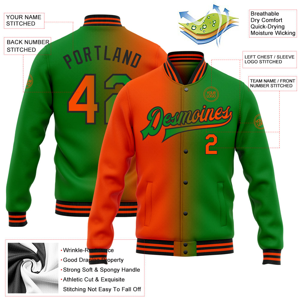 Custom Grass Green Orange-Black Bomber Full-Snap Varsity Letterman Gradient Fashion Jacket