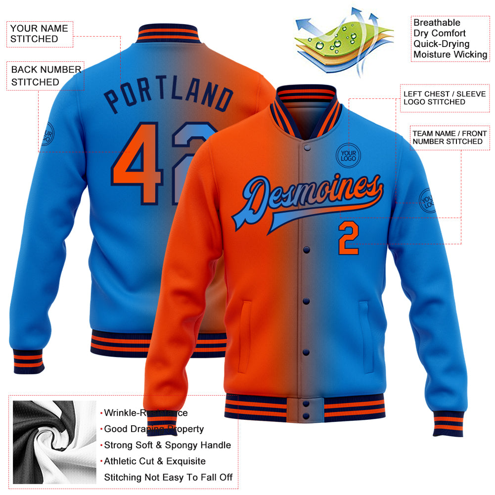 Custom Electric Blue Orange-Navy Bomber Full-Snap Varsity Letterman Gradient Fashion Jacket