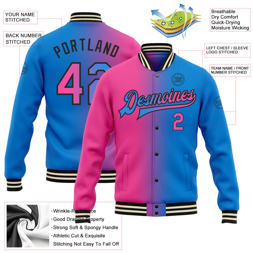 Custom Electric Blue Pink-Black Bomber Full-Snap Varsity Letterman Gradient Fashion Jacket