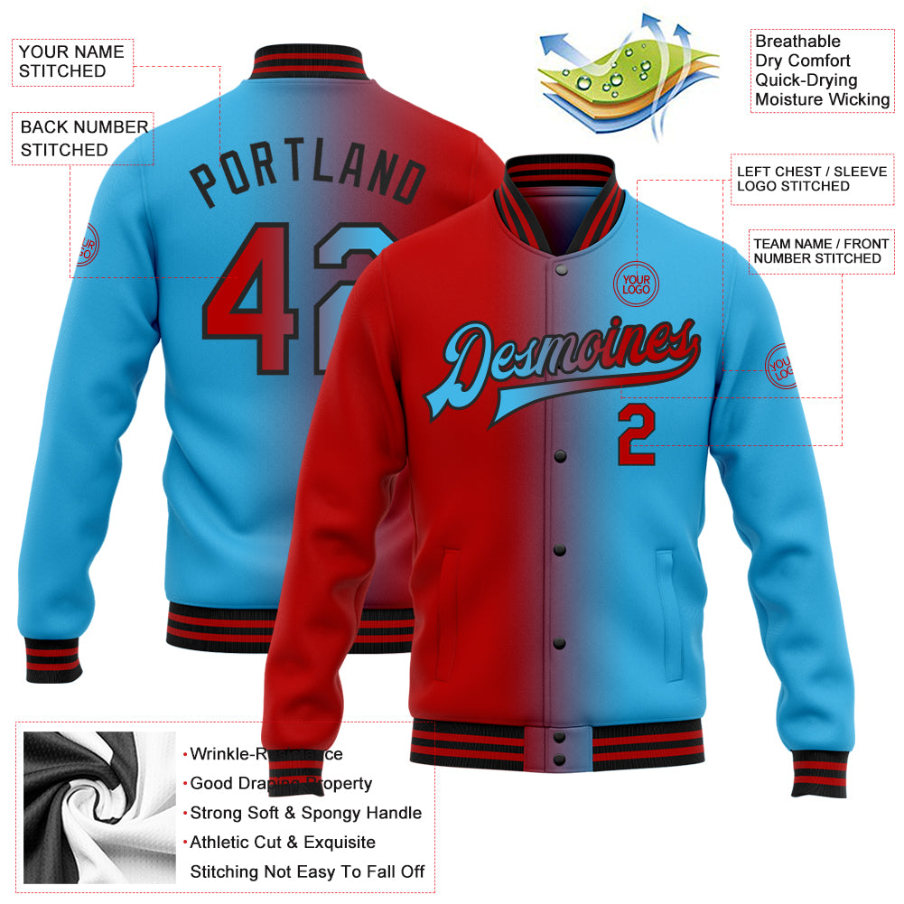 Custom Sky Blue Red-Black Bomber Full-Snap Varsity Letterman Gradient Fashion Jacket