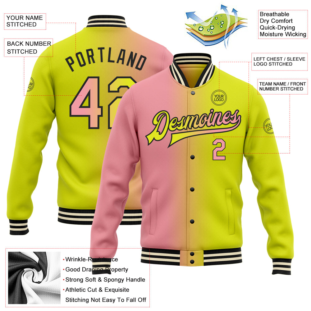 Custom Neon Yellow Medium Pink-Black Bomber Full-Snap Varsity Letterman Gradient Fashion Jacket