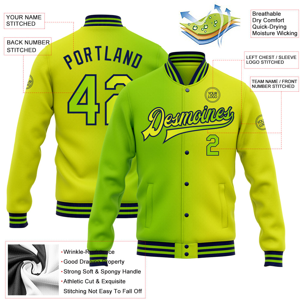 Custom Neon Yellow Neon Green-Navy Bomber Full-Snap Varsity Letterman Gradient Fashion Jacket