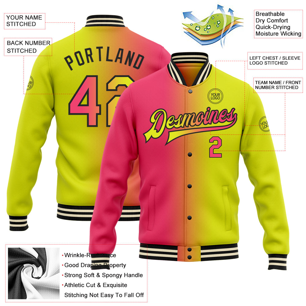 Custom Neon Yellow Neon Pink-Black Bomber Full-Snap Varsity Letterman Gradient Fashion Jacket