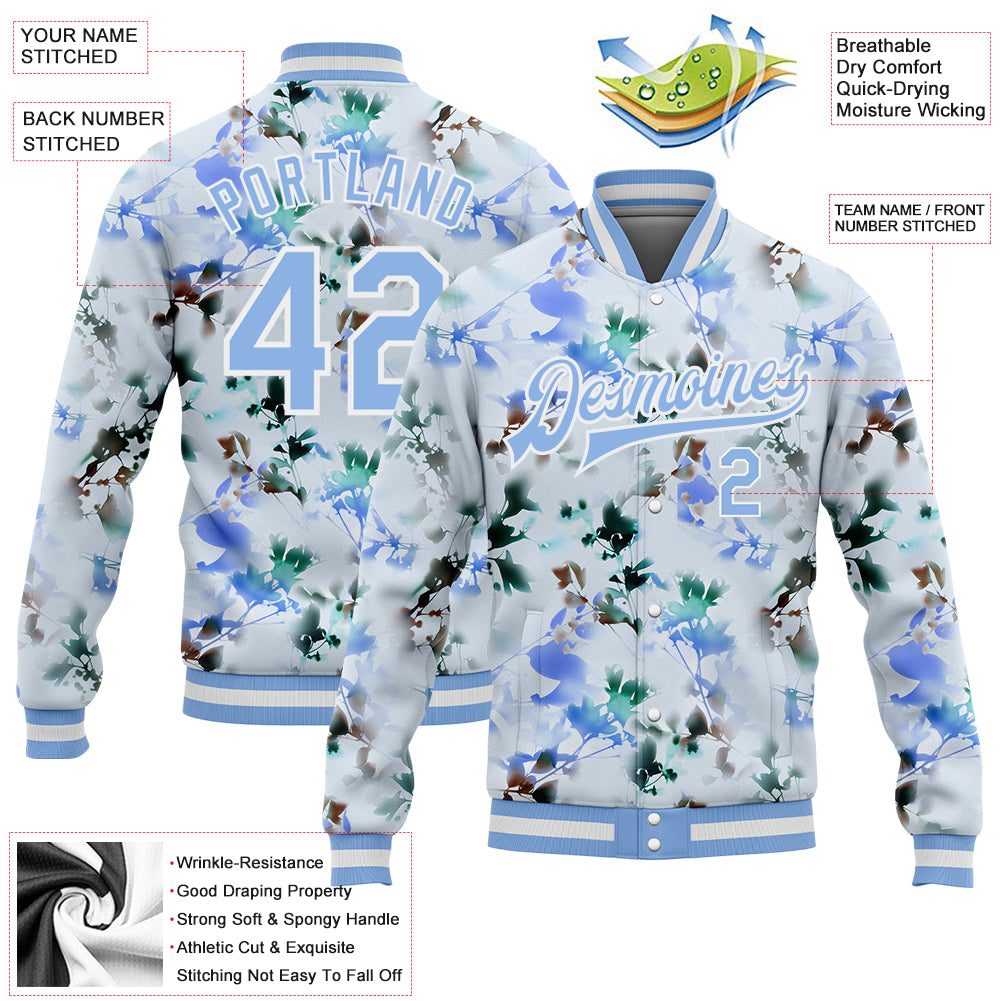 Custom White Light Blue Branches And Leaves 3D Pattern Design Bomber Full-Snap Varsity Letterman Jacket