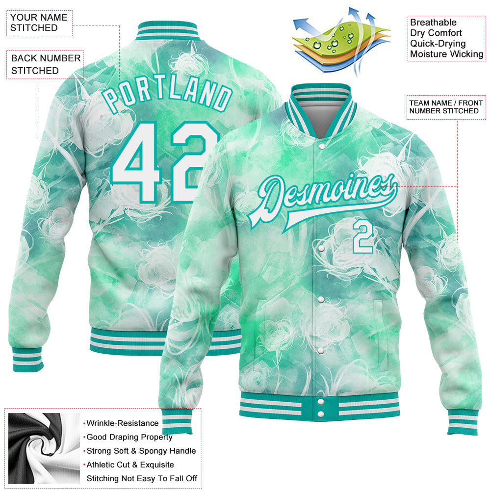 Custom Aqua White Halo Dying Rose 3D Pattern Design Bomber Full-Snap Varsity Letterman Jacket with Free Shipping3