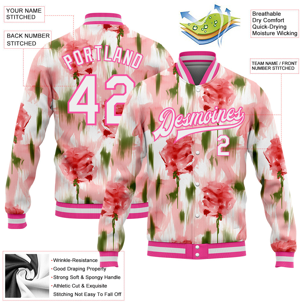 Custom Pink White Fuzzy Rose Art 3D Pattern Design Bomber Full-Snap Varsity Letterman Jacket