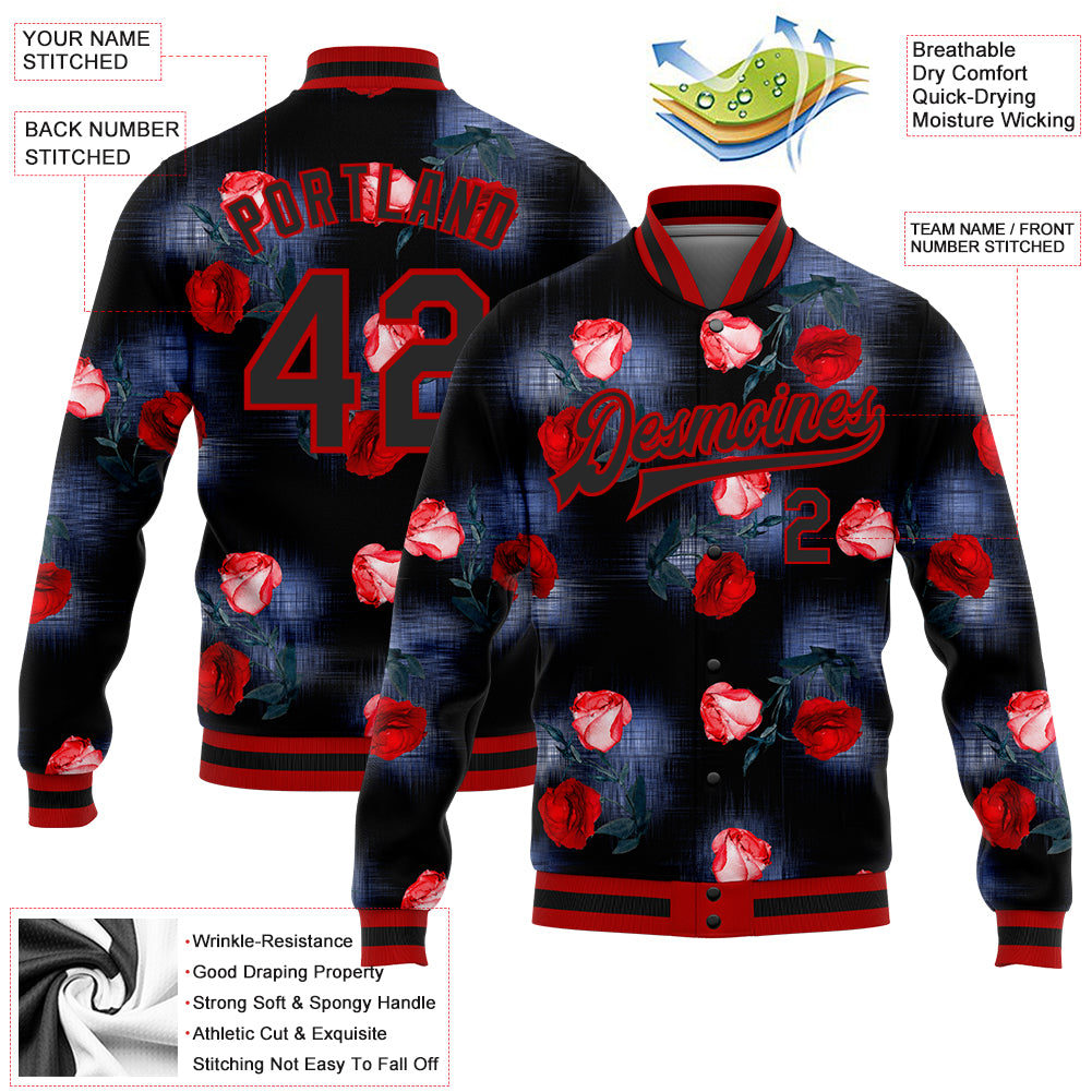 Custom Black Red Rose 3D Pattern Design Bomber Full-Snap Varsity Letterman Jacket